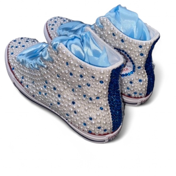 Capri Blue Crystal Diamond & Pearls High Top Converse Sizes 5-14 New - Picture 2 of 12